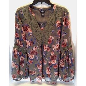Torrid Blouse Wn 2 Green Floral Top Sheer Lace Romantic Peasant Boho Cottage